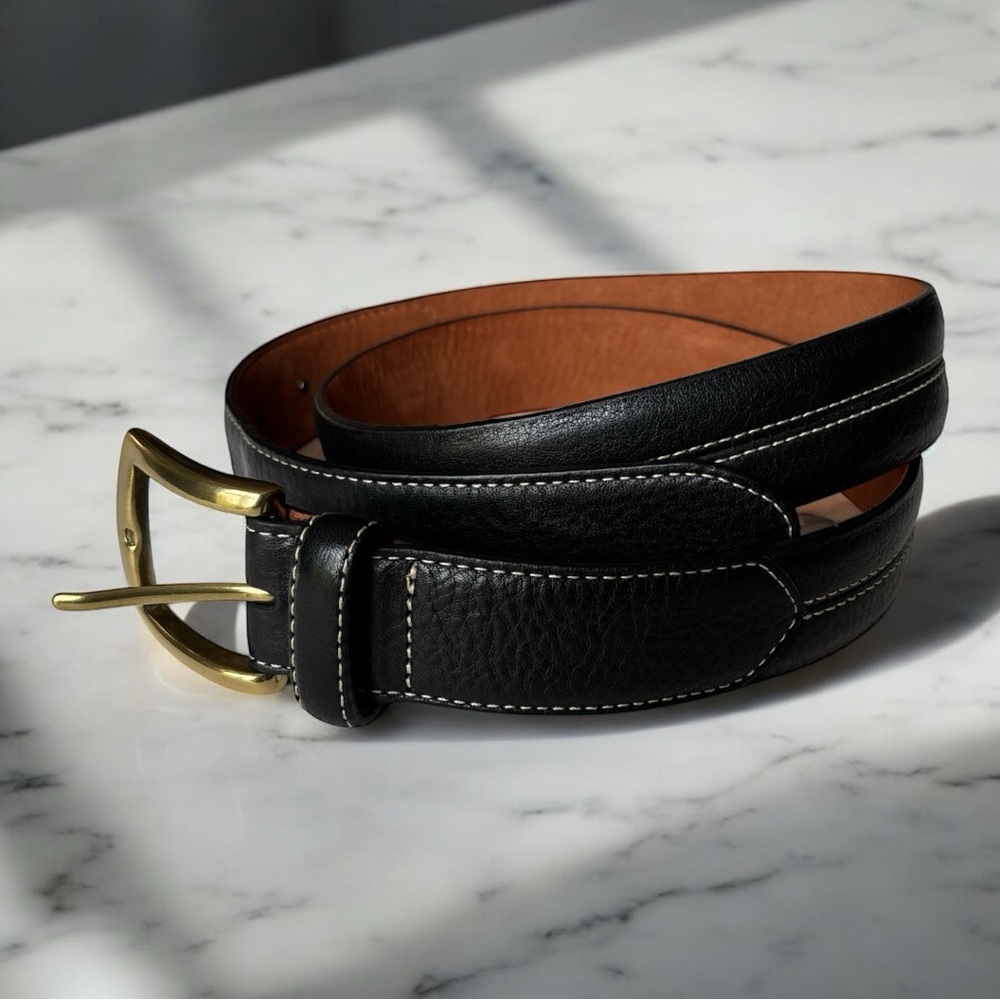 Cole Haan black supple leather belt w/ brass buckle and top stitching | size 34